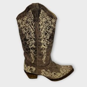 Corral Ladies Lisa Snip Distressed Brown Bone‎ Embroidery Boots A1094 Size 6.5